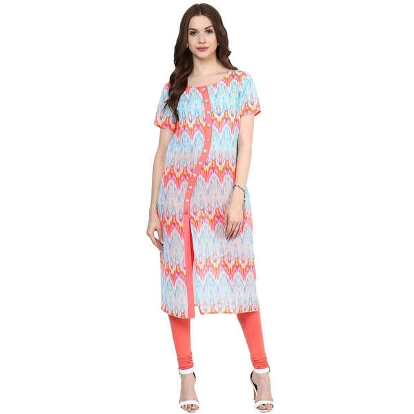 Women's Neon Printed Curved Placket Kurti - Pannkh