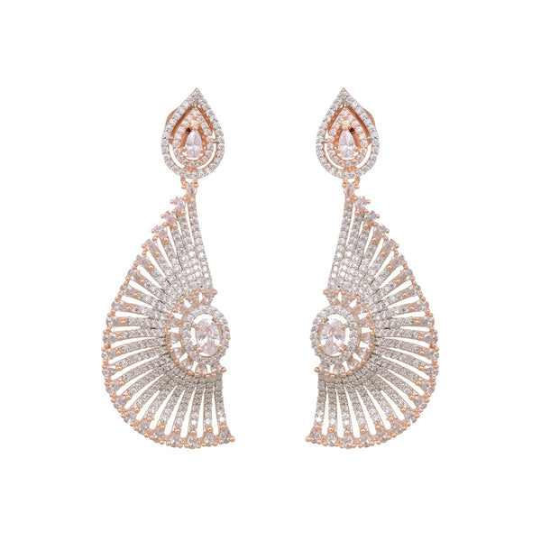 Semi-Circular Rose Gold Plated American Diamond Studded Drop Earrings for Women and Girls - Saraf RS Jewellery