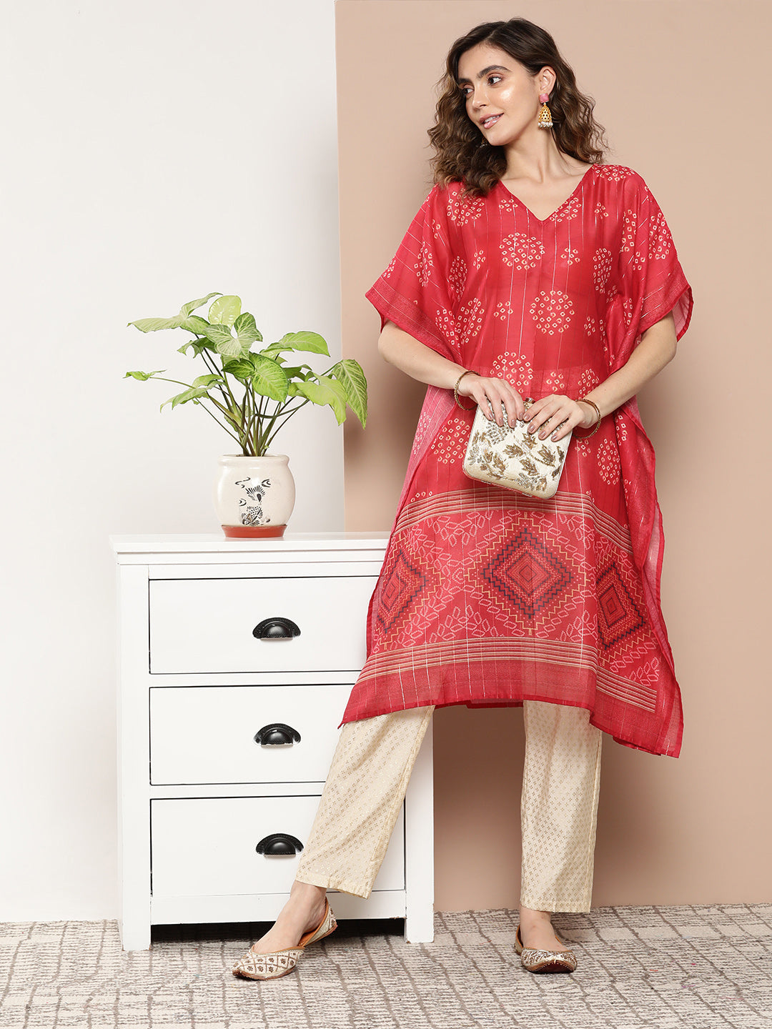 Women's Red Bandhani Kaftan Kurta - Yufta