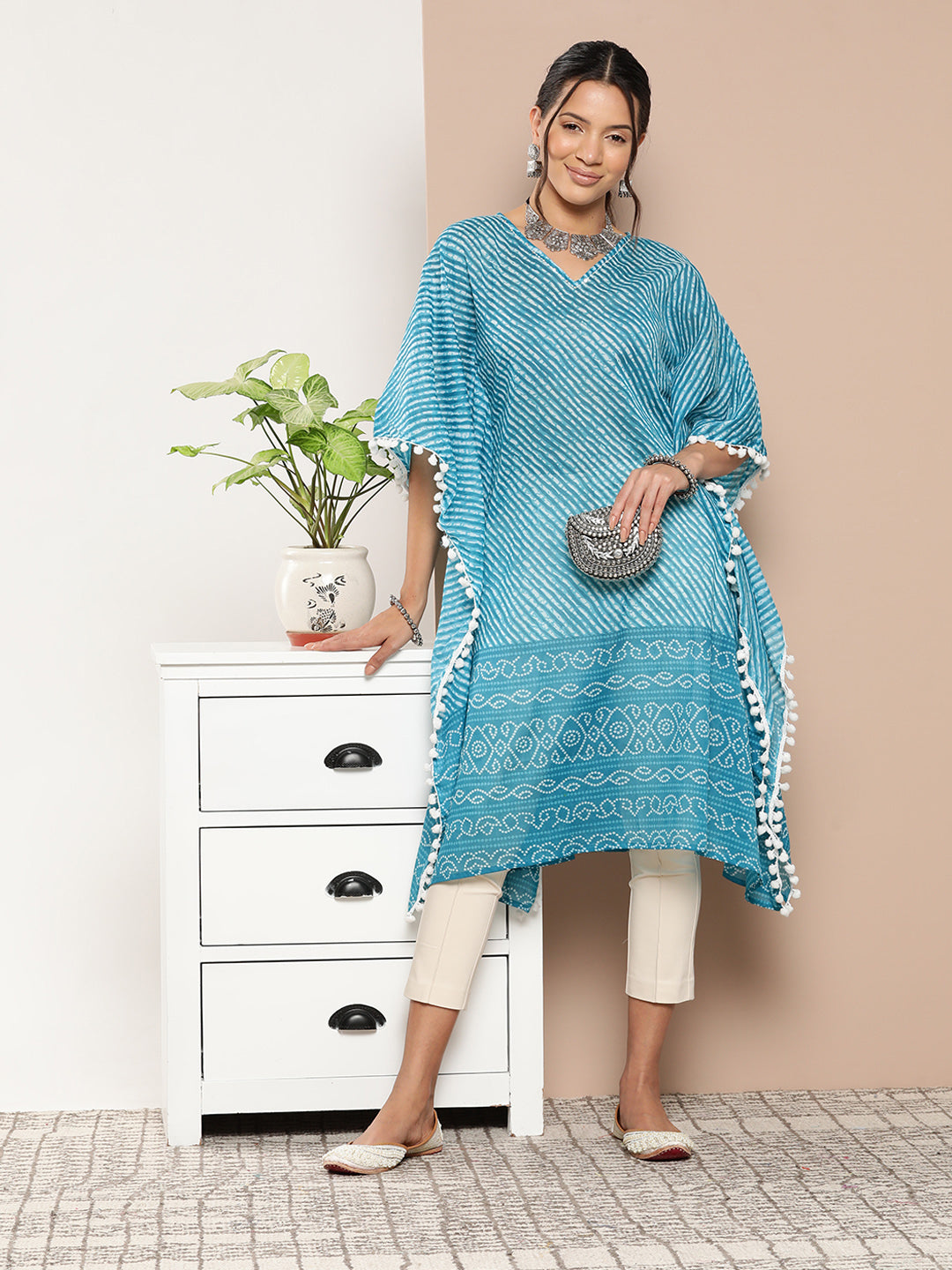 Women's Blue Leheriya Kaftan Kurta - Yufta