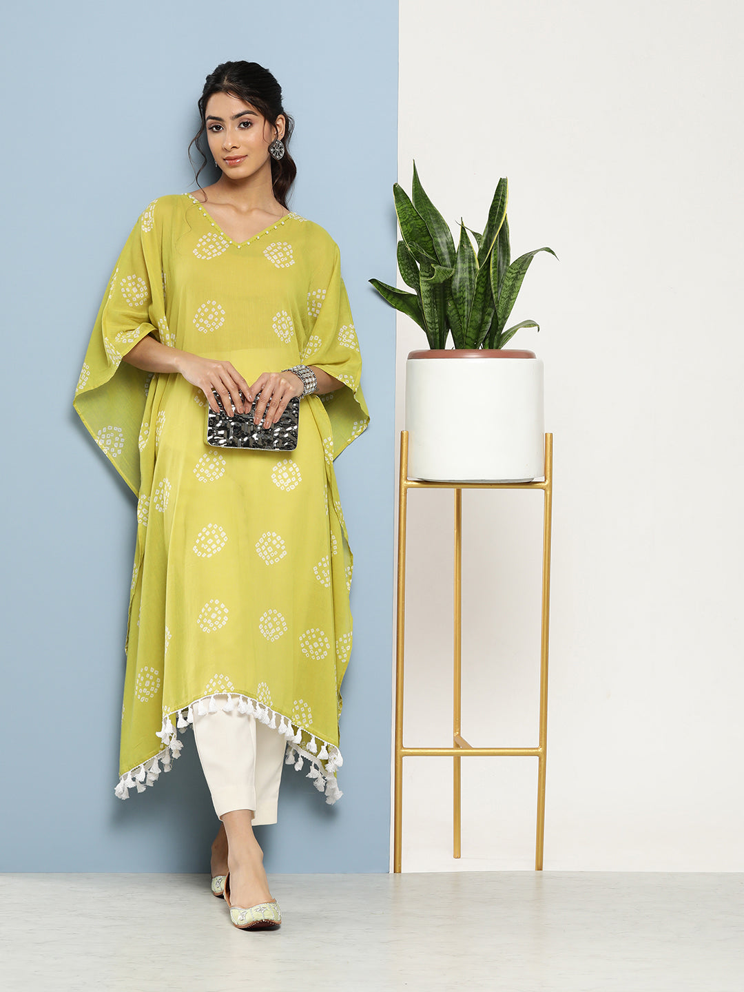 Women's Green Bandhani Kaftan Kurta - Yufta