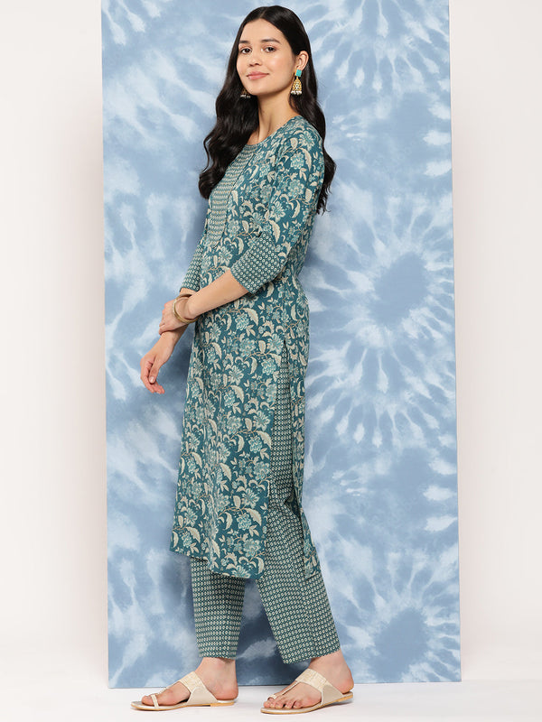 Women's Teal Blue Floral Straight Kurta Trouser And Dupatta Set - Yufta