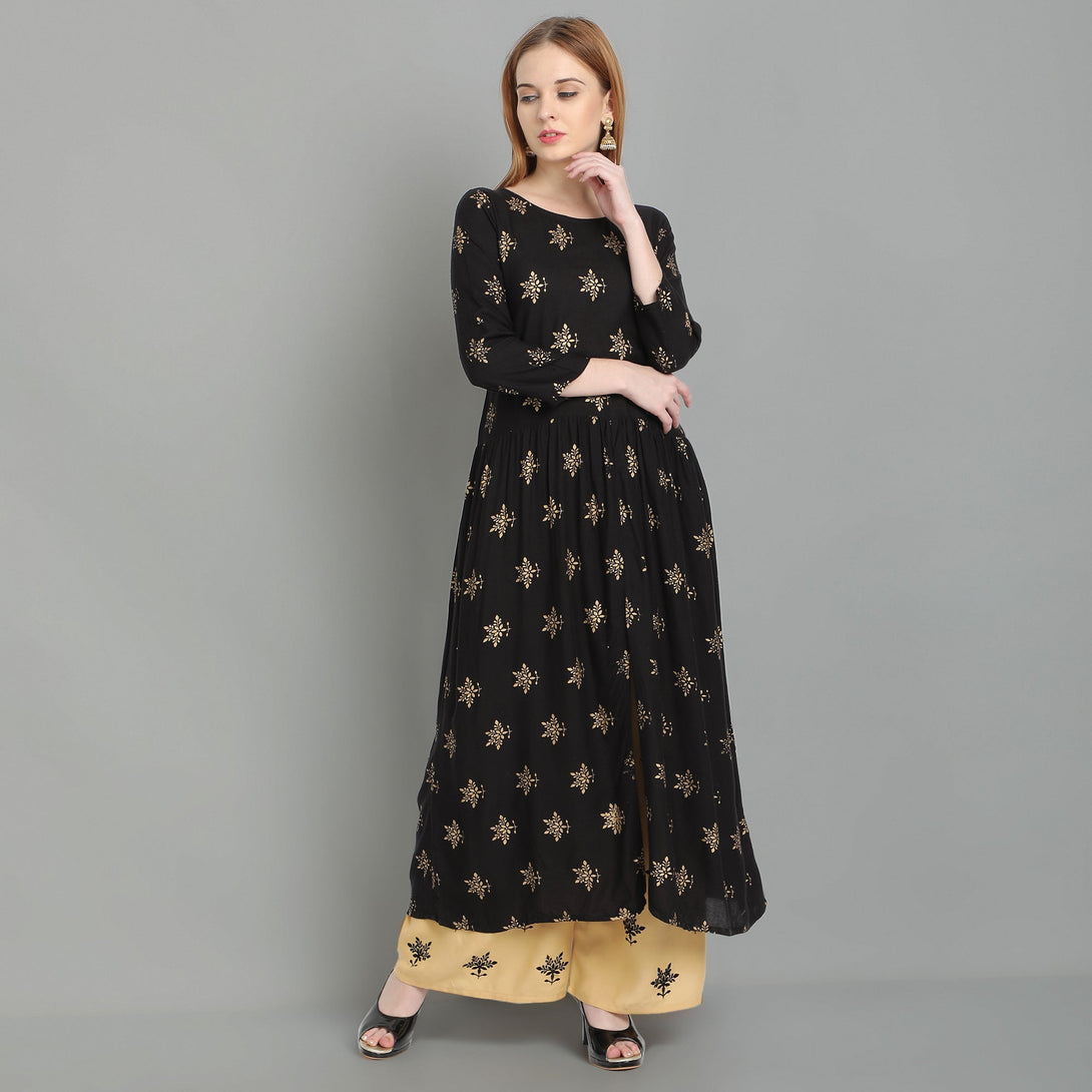 Women's Black Rayon Kurta And Sharara Set - Noz2Toz