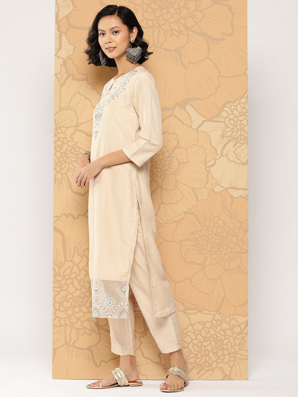 Women's Beige Embroidered Straight Kurta Trouser And Dupatta Set - Yufta