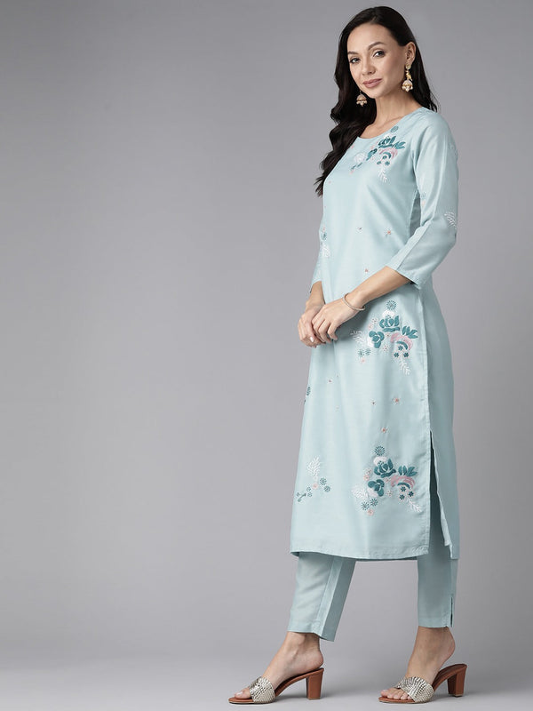 Women's Blue Embroidered Straight Kurta Trouser And Dupatta Set - Yufta