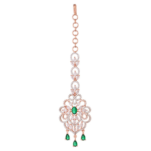 Women's Rose Gold plated Green AD studded Floral design Handcrafted Maang Tika - Saraf RS Jewellery