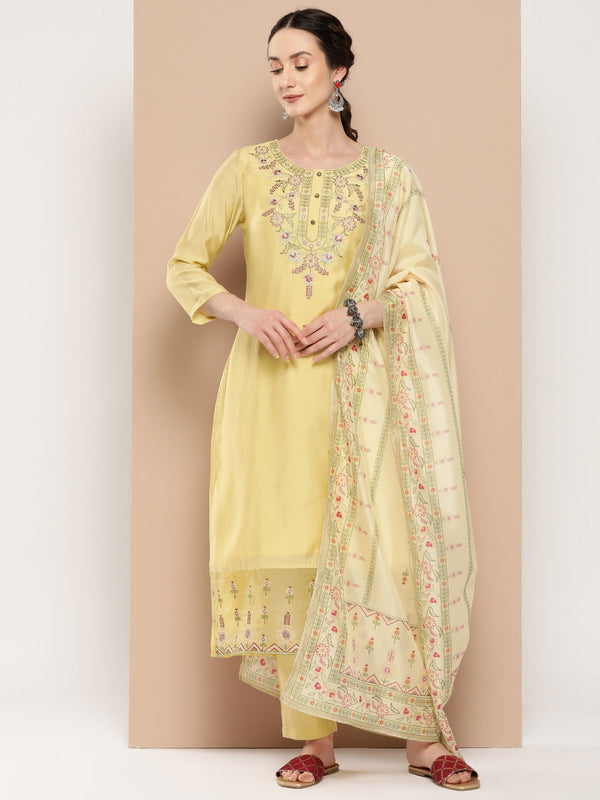 Women's Yellow Solid Straight Kurta Trouser And Dupatta Set - Yufta