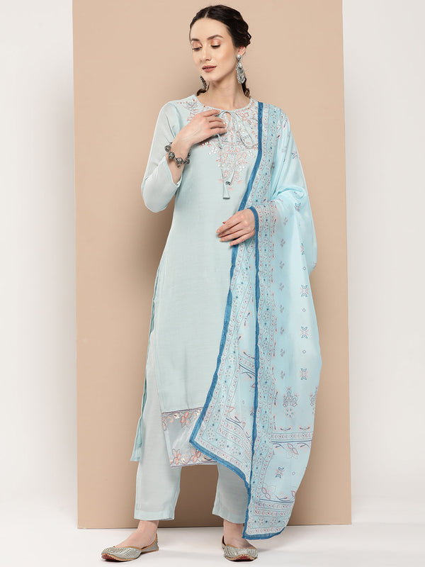 Women's Blue Solid Straight Kurta Trouser And Dupatta Set - Yufta