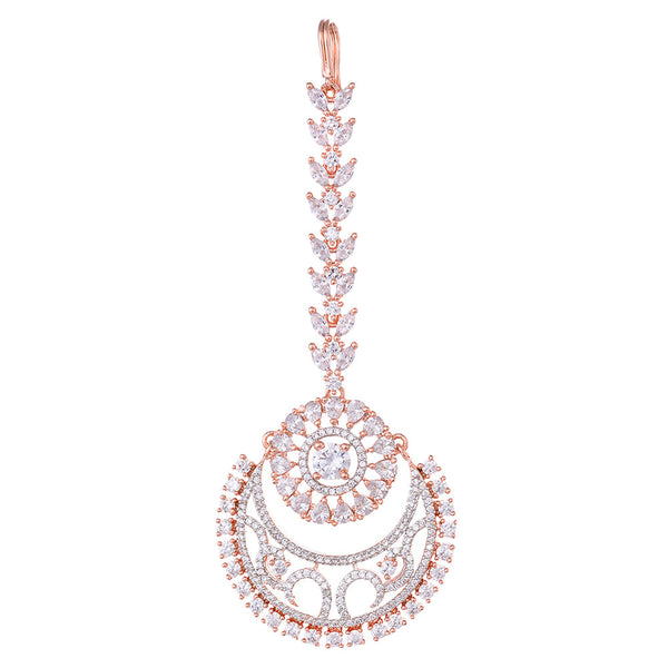 Women's Rose Gold plated AD studded Half Moon shaped Handcrafted Maang Tika - Saraf RS Jewellery