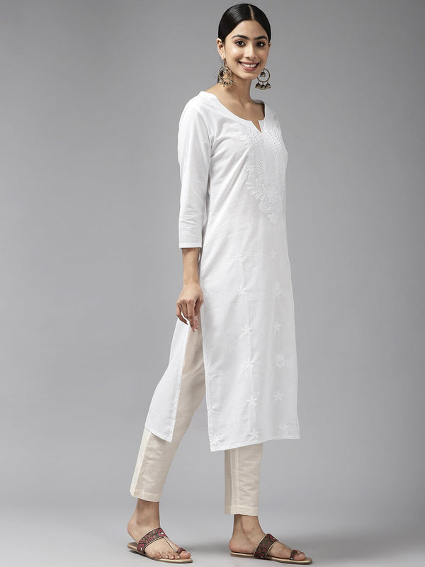 Women's White Floral Chikankari Kurta - Yufta