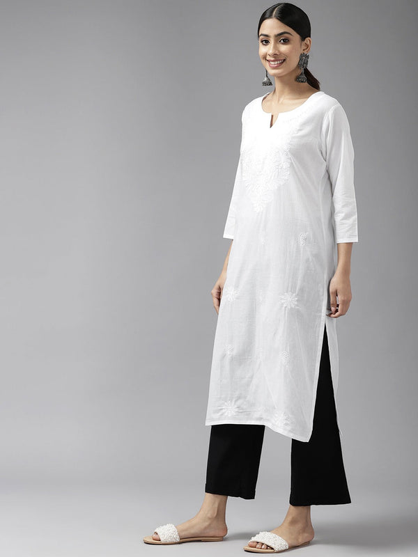 Women's White Floral Chikankari Kurta - Yufta