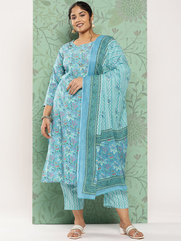 Women's Blue Floral Straight Kurta Trouser And Dupatta Set - Yufta