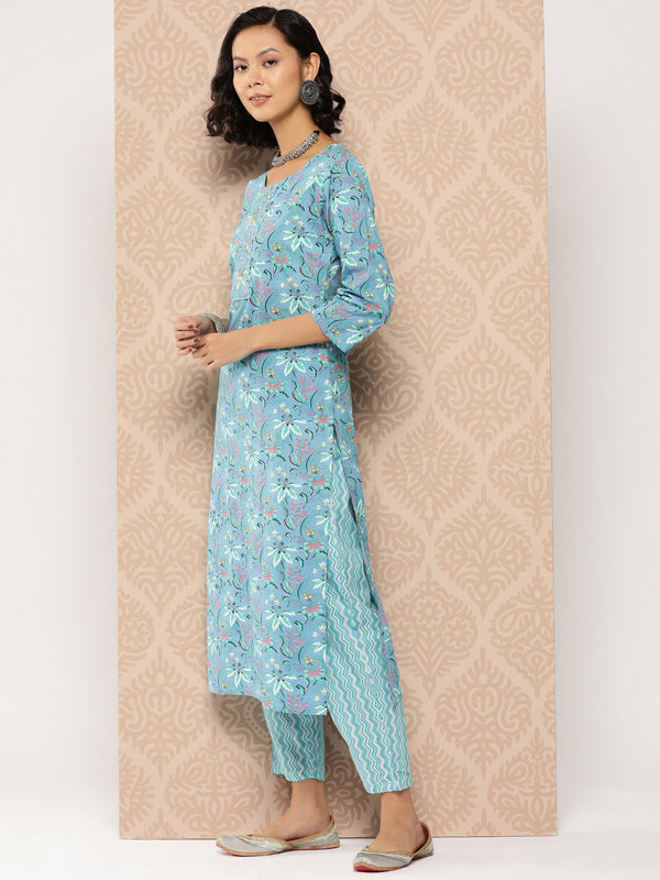 Women's Blue Floral Straight Kurta Trouser And Dupatta Set - Yufta