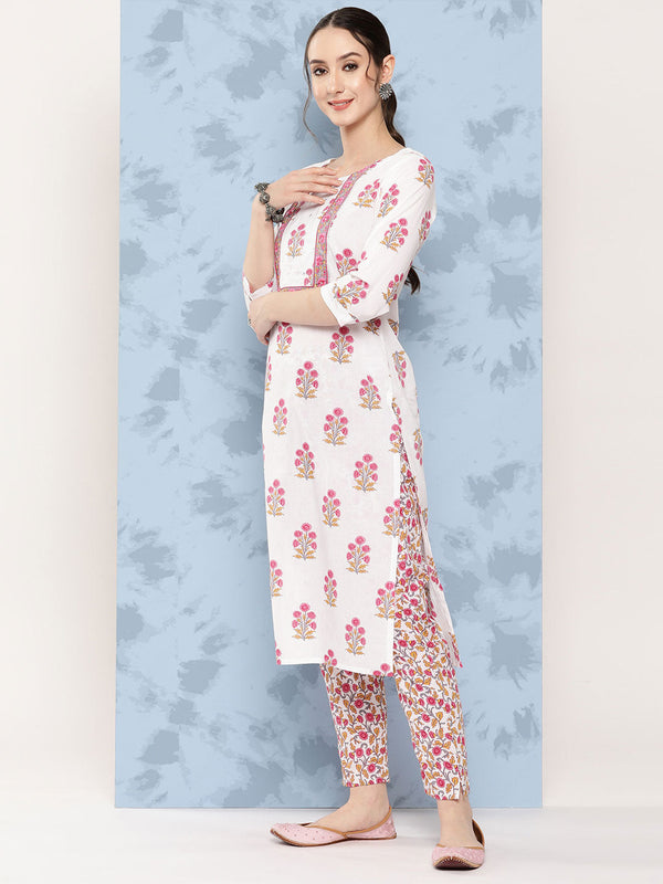 Women's White Floral Straight Kurta Trouser And Dupatta Set - Yufta