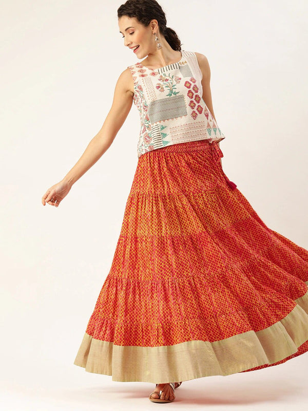 Women's Rust Orange & Mustard Yellow Dyed Tiered Flared Maxi Pure Cotton Skirt - Varanga