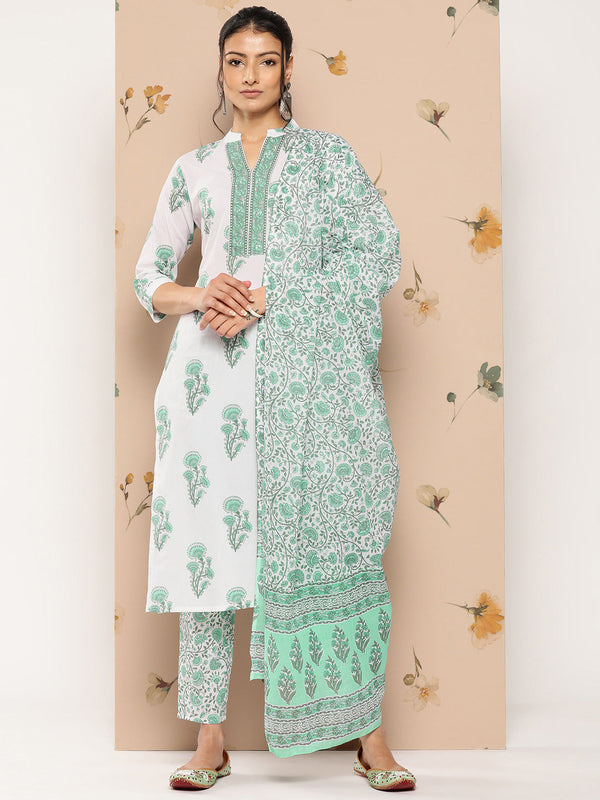 Women's White And Green Floral Straight Kurta Trouser And Dupatta Set - Yufta