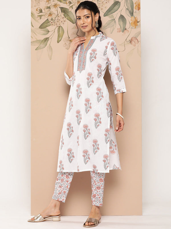 Women's White And Orange Floral Straight Kurta Trouser And Dupatta Set - Yufta