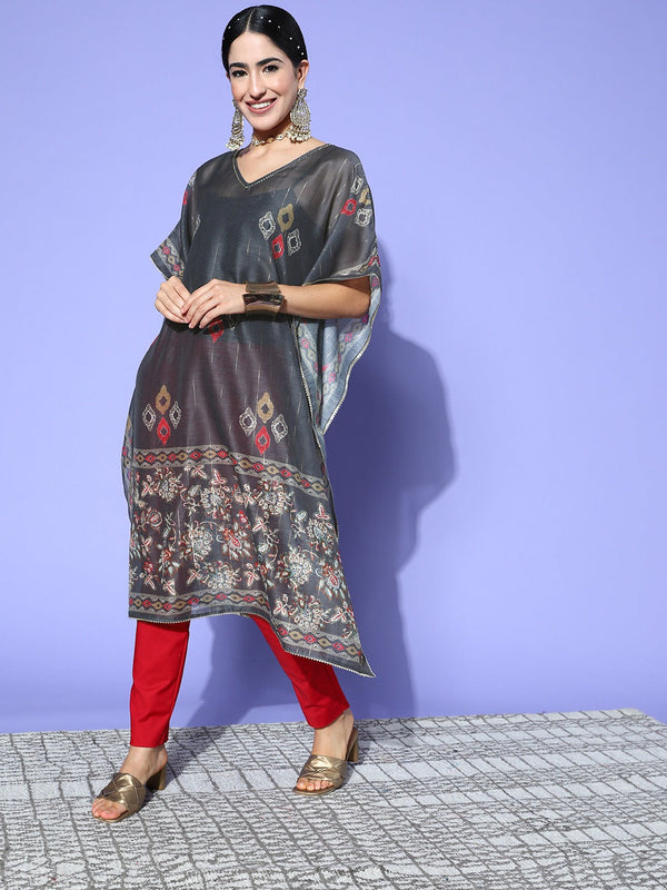 Women's Grey Geometric Kaftan Kurta - Yufta