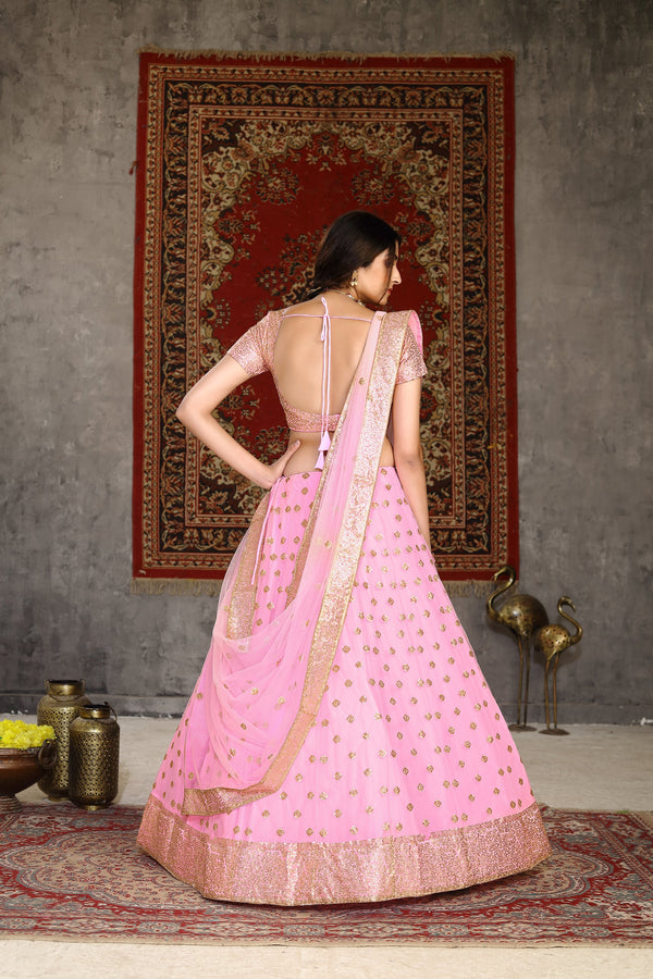 Women's Pink Net Sequence Embroidered Lehenga Set - Shubhkala