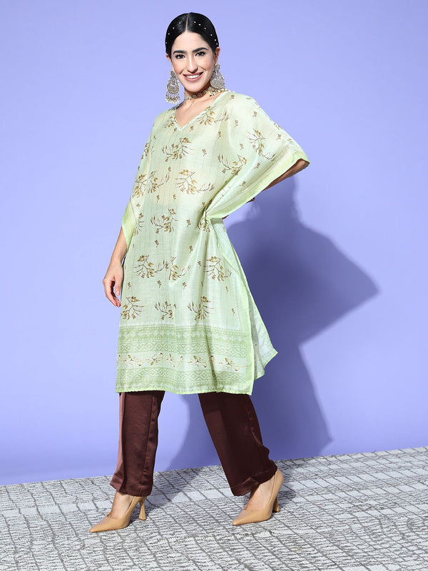 Women's Green Floral Kaftan Kurta - Yufta