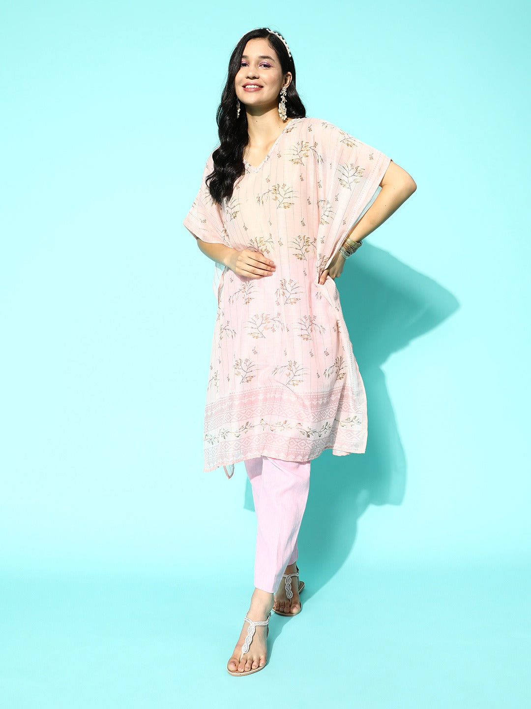 Women's Pink Floral Kaftan Kurta - Yufta