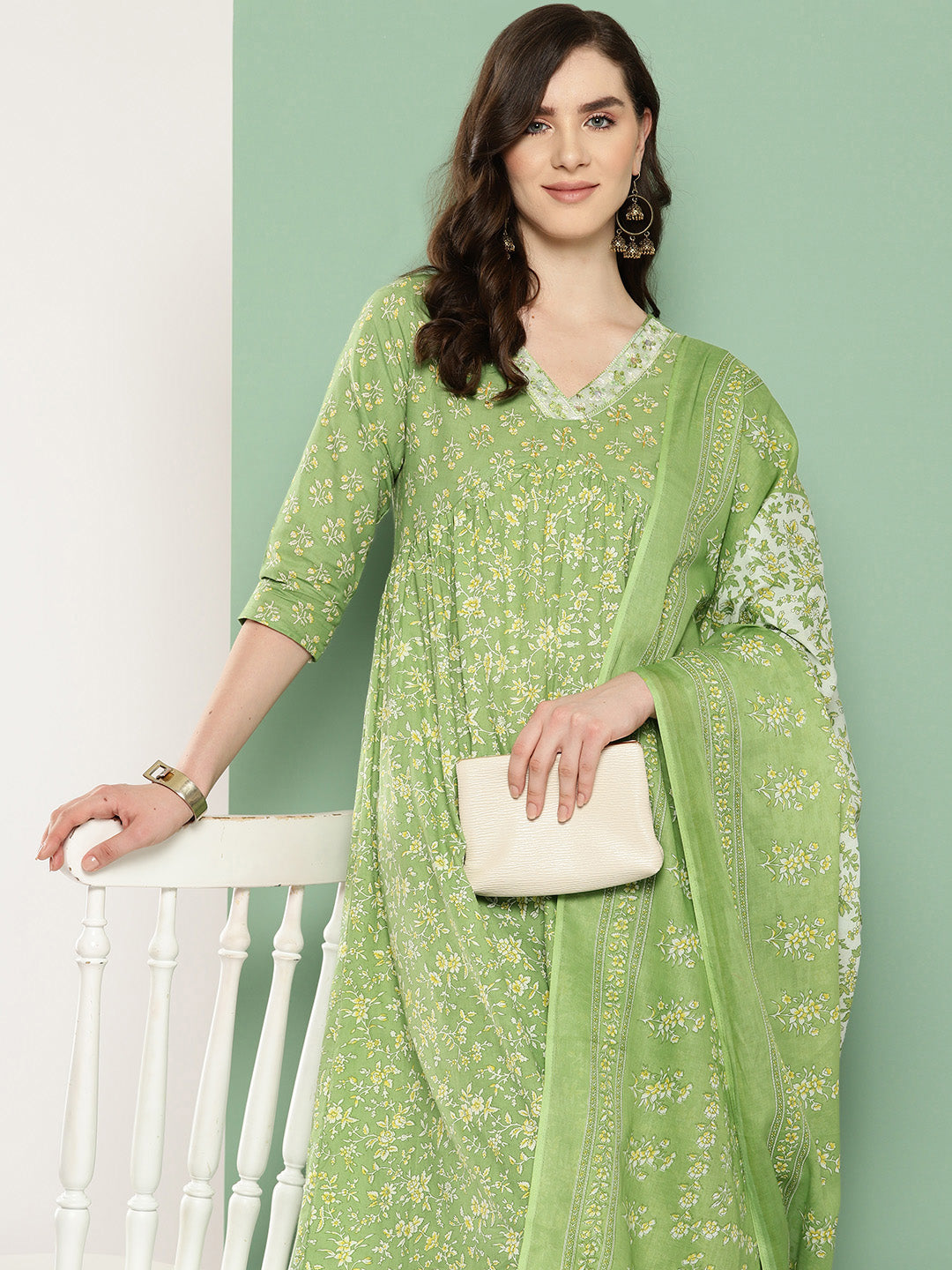 Women's - Green Alia-Cut Kurta Dupatta Set - Yufta