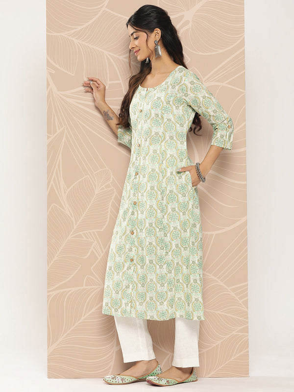 Women's White Ethnic Motifs A-Line Kurta - Yufta