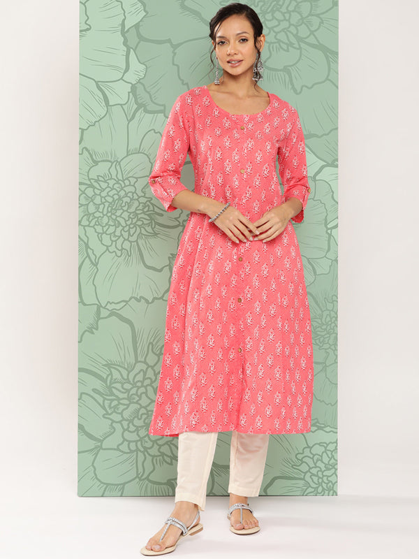 Women's Pink Floral Straight Kurta - Yufta