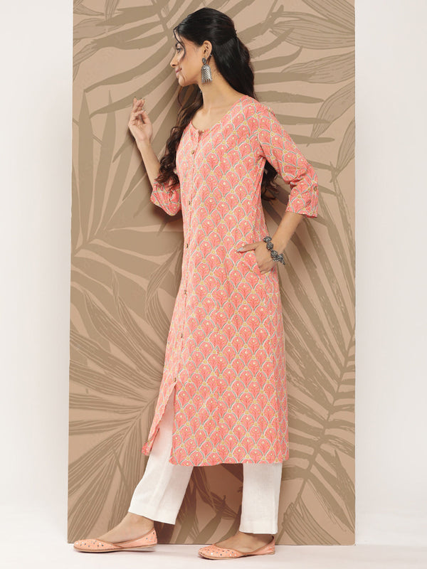 Women's Peach Ethnic Motifs A-Line Kurta - Yufta