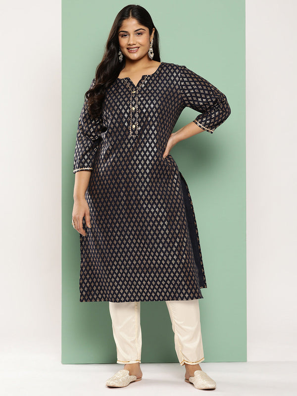 Women's Navy Blue Ethnic Motifs Straight Kurta - Yufta