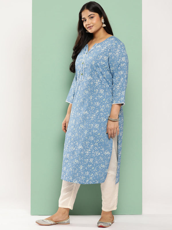 Women's Blue Floral Straight Kurta - Yufta