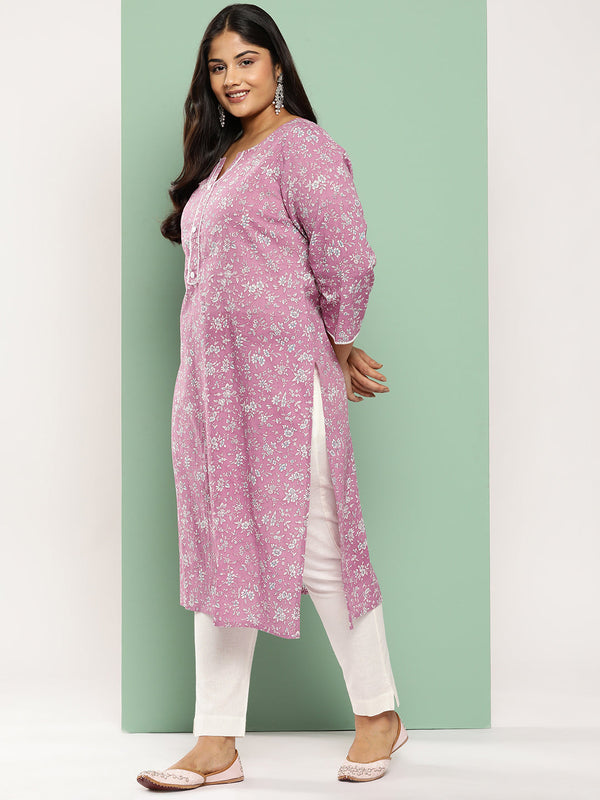 Women's Mauve Floral Straight Kurta - Yufta