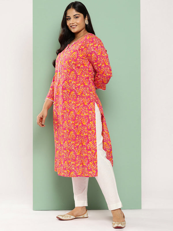 Women's Pink Floral Straight Kurta - Yufta