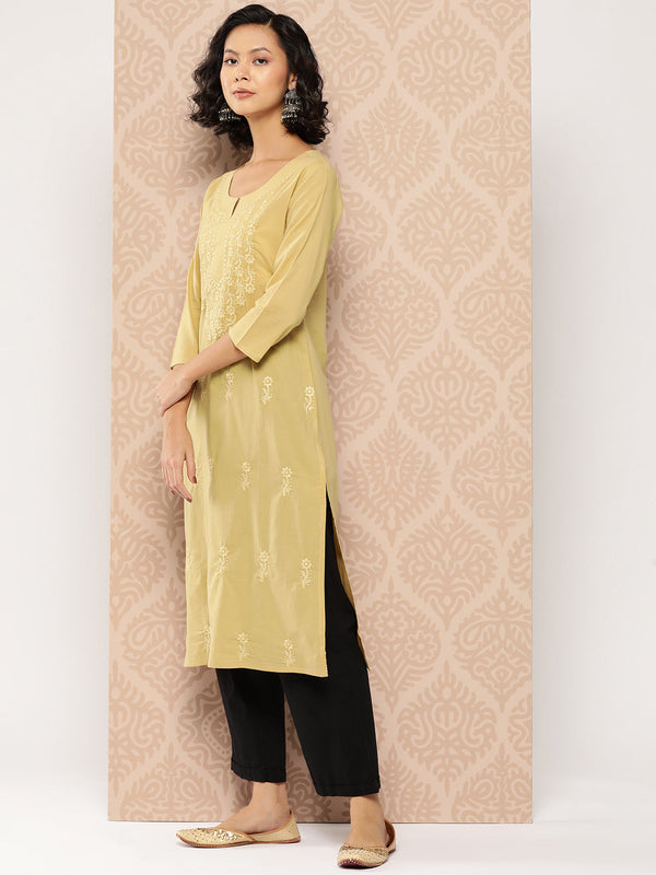 Women's Beige Floral Straight Kurta - Yufta