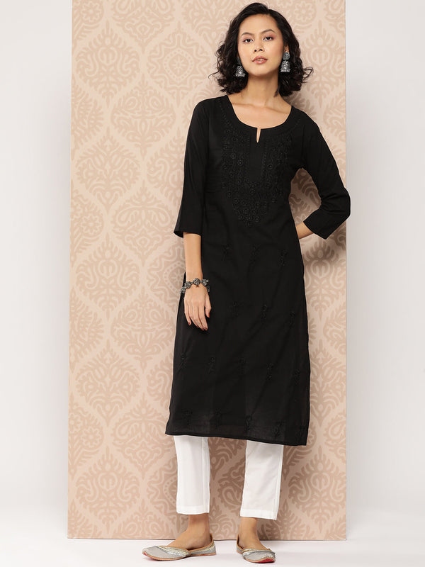 Women's Black Floral Straight Kurta - Yufta