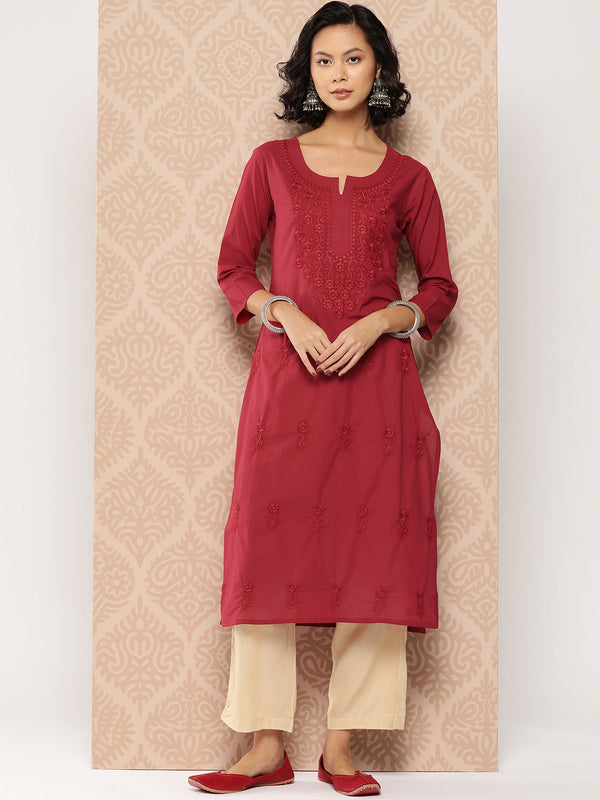 Women's Burgundy Floral Straight Kurta - Yufta