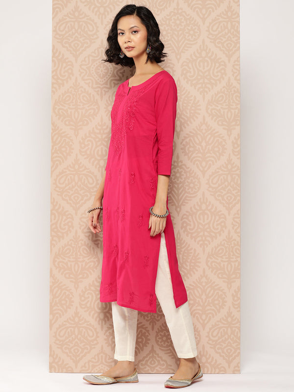 Women's Pink Floral Straight Kurta - Yufta