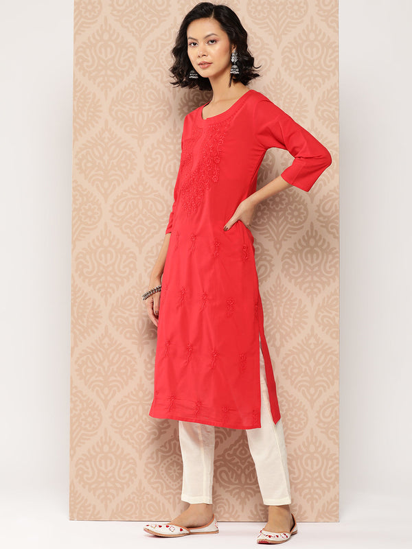 Women's Red Floral Straight Kurta - Yufta