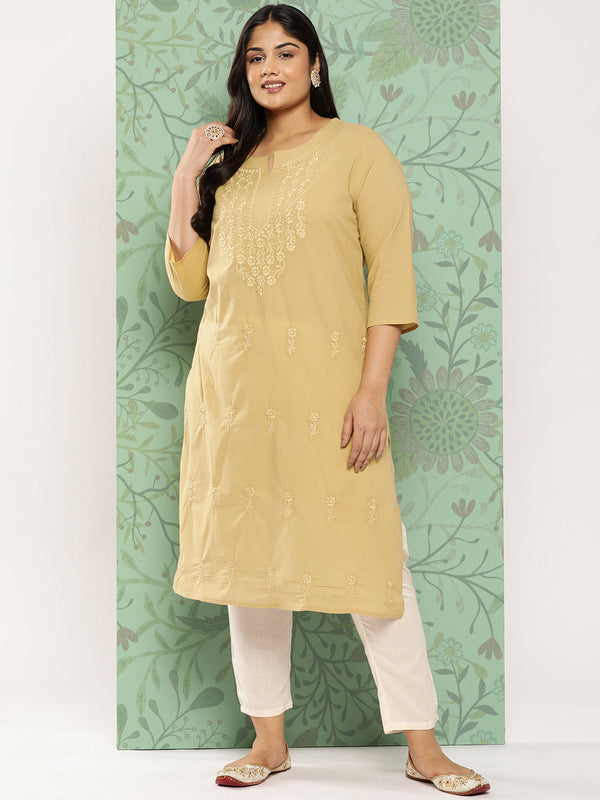 Women's Beige Floral Straight Kurta - Yufta