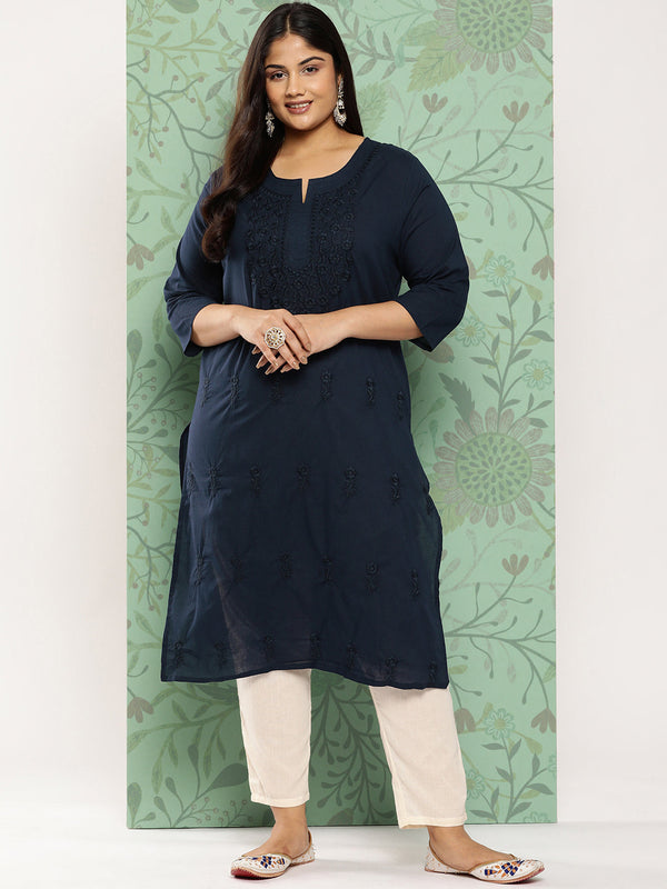 Women's Blue Floral Straight Kurta - Yufta