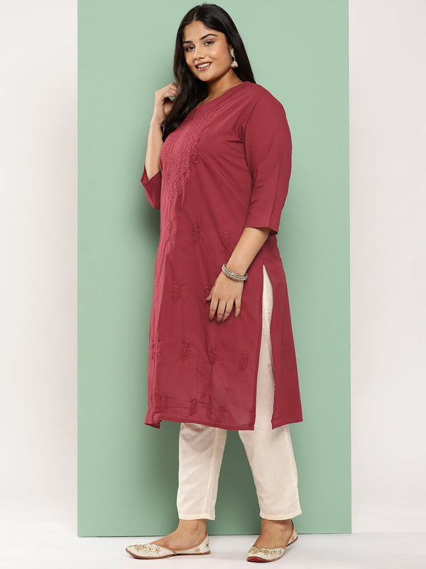 Women's Burgundy Floral Straight Kurta - Yufta