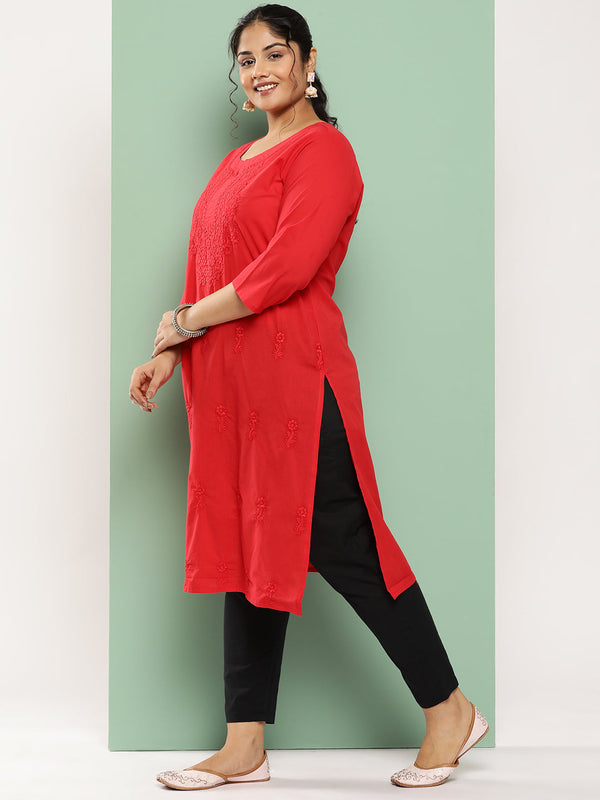 Women's Red Floral Straight Kurta - Yufta