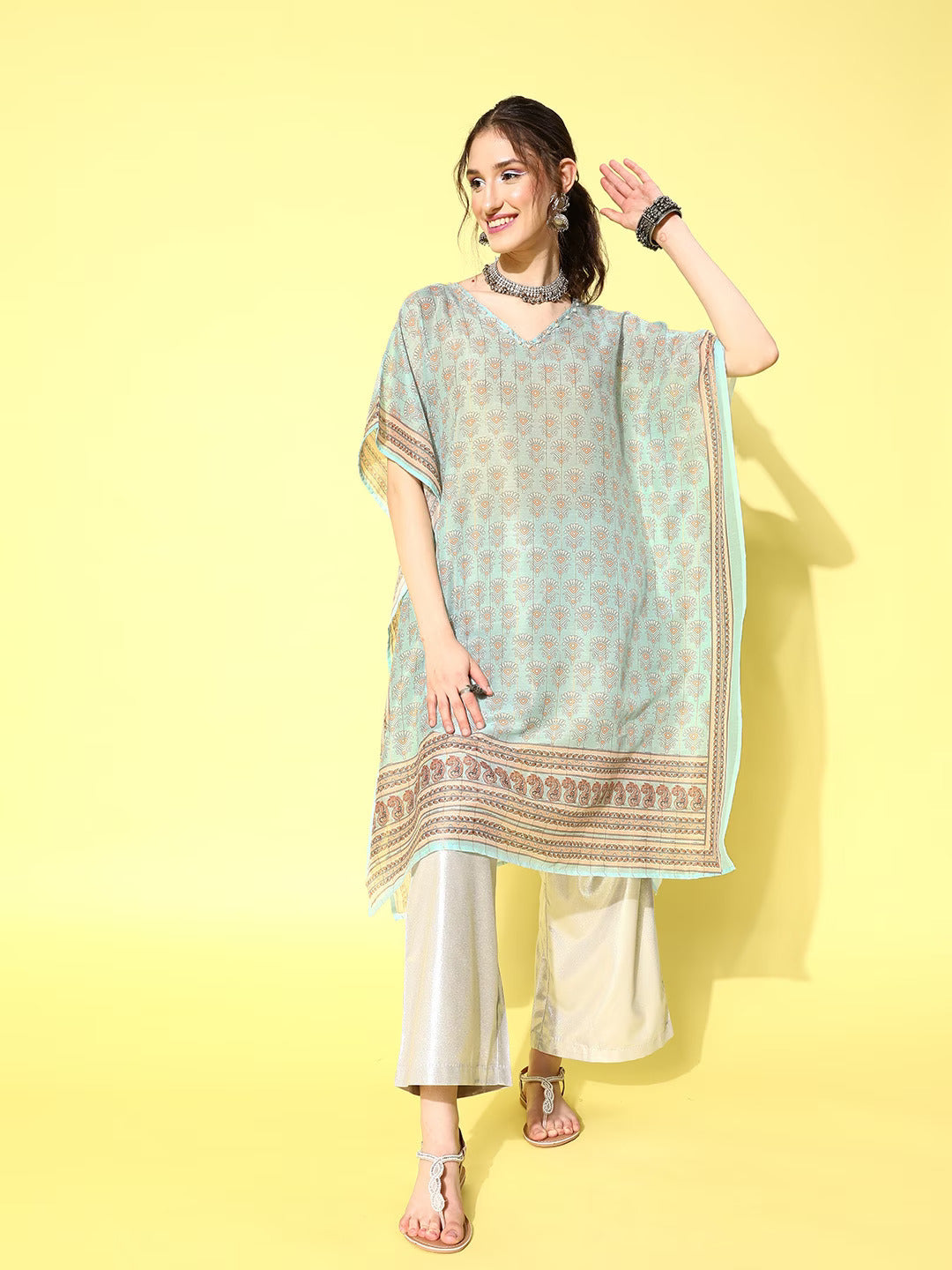 Women's Sky Blue Ethnic Motifs Kaftan Kurta - Yufta