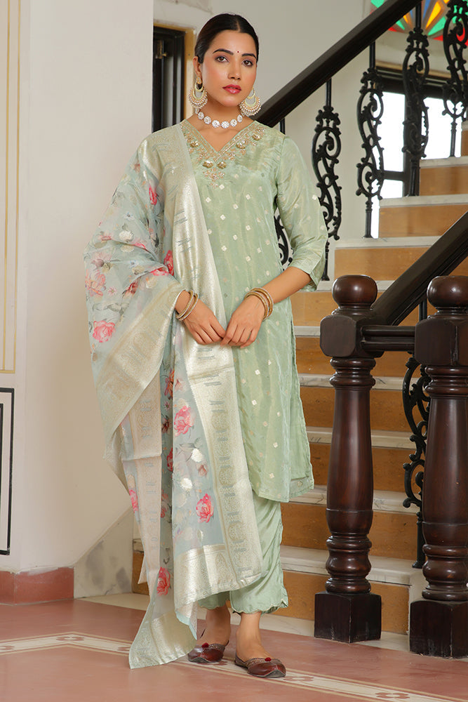 Women's Aqua Tissue Brocade Embroidered Kurta With Scalloped Pant & Dupatta - Vaasva Jaipur