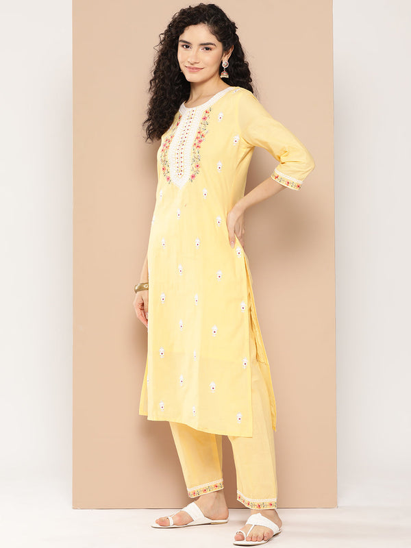 Women's Yellow Solid Straight Kurta Trouser And Dupatta Set - Yufta