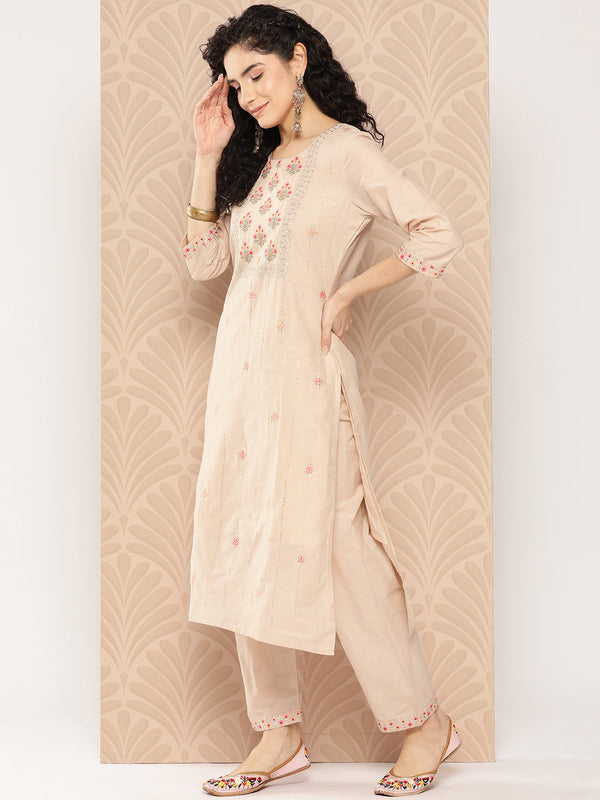 Women's Beige Solid Straight Kurta Trouser And Dupatta Set - Yufta