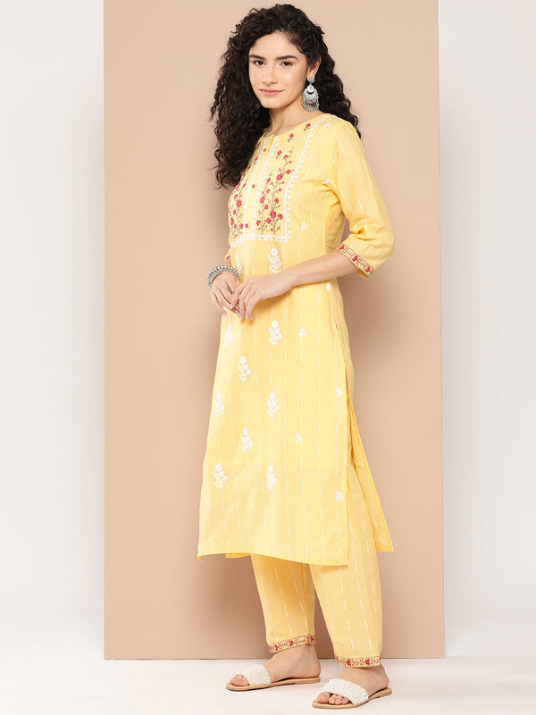 Women's Yellow Solid Straight Kurta Trouser And Dupatta Set - Yufta