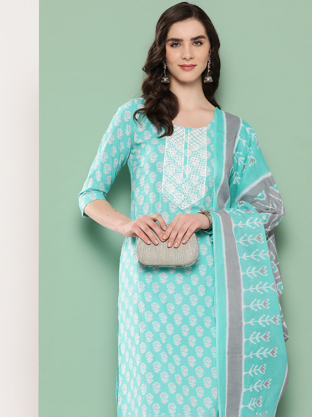 Women's Turquoise Floral Straight Kurta Trouser And Dupatta Set - Yufta