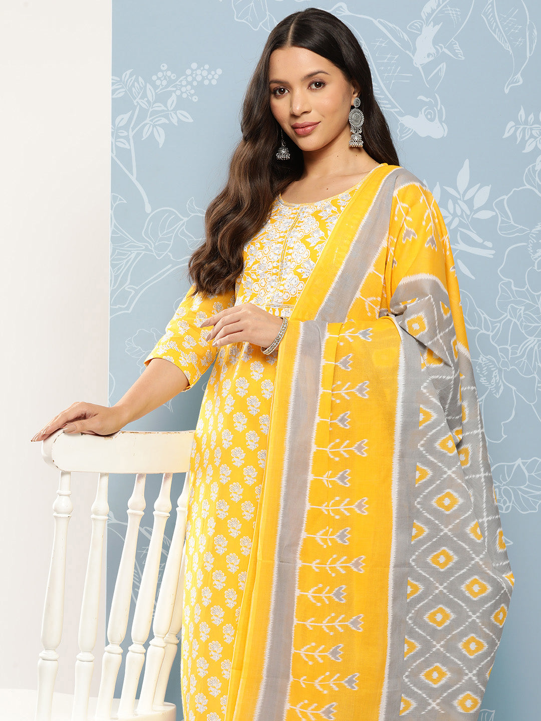 Women's Yellow Floral Straight Kurta Trouser And Dupatta Set - Yufta