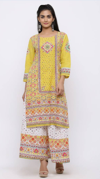 Women's Mustard Cambric Printed Straight Kurta - Juniper